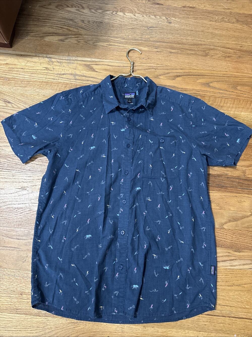 Patagonia Go-To Shirt Mens Large Blue Fly Print Outdoor Hiking Fishing